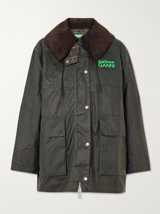 Barbour + Ganni Giacca In Cotone Cerato A Quadri Con Finiture In Velluto A Coste E Cappuccio - Verde