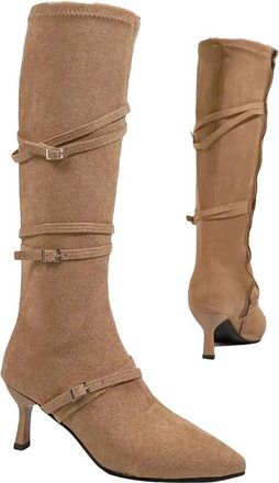 Generic Womens Stretch Fabric High Boots Round Toe Buckle Detail Dress Boots