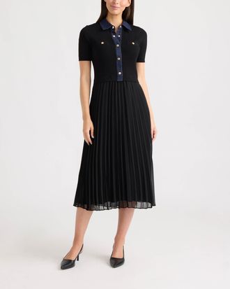 Ellen Tracy Womens Short Sleeve Twofer Dress with Pleated Skirt