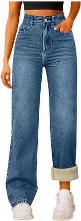 Generic Jeggings for Women UK Winter Fleece Lined Stretchy Wide Leg Jeans Warm Jeggings High Waisted Skinny Jeans Yoga Denim Pants S-XXL (Dark Blue, L)