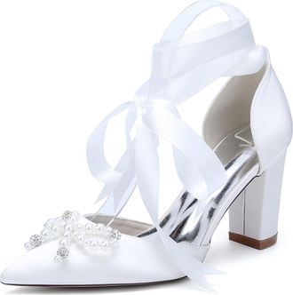 Generic Bridal Wedding Shoes Womens Chunky Heels Closed Toe Pointed Toe Heels with Bow and Crystal Pearl 8.5Cm,White,10 UK