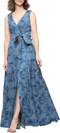 Alex Evenings Metallic Floral Jacquard Sleeveles A-Line Gown in Vintage Blue at Nordstrom, Size 16