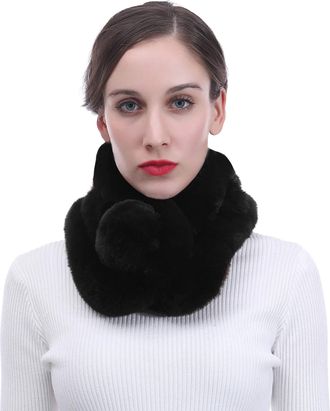Lina & Lily Unisex Faux Fur Winter Collar Neck Scarf with Pom Pom Soft Fluffy (Black)