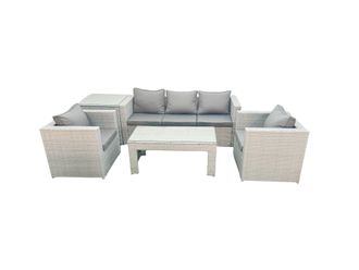 Fimous Rattan Garden Furniture Set 5 Pieces Outdoor Garden Sofa Oblong Coffee Table Set with 2 Chairs Side Tabe Light Grey Mixed