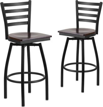 Flash Furniture 2 Pk. HERCULES Series Black Ladder Back Swivel Metal Barstool - Walnut Wood Seat