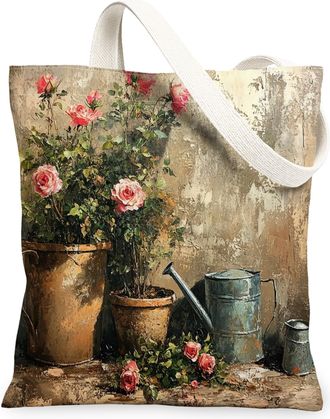 Generic Spring Farmhouse Rose Canvas Tote Bag for Shopping 13x15, Rustic Vintage Floral Reusable Grocery Print Pattern Bag for Women, Country Flower Beach Aes