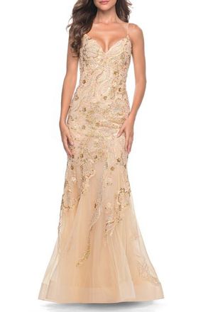La Femme Mermaid Sequin and Beaded Embellished Prom Dress in Pastels in Champagne at Nordstrom, Size 0