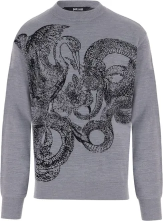 Just Cavalli Wool-Blend Sweater with Floral and Animal Motifs