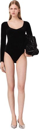 Maje Velvet and corset detail bodysuit in Black at Nordstrom, Size X-Small