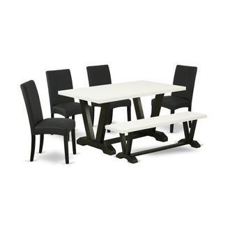 East West Furniture 6-Pc Kitchen and Dining Room Set- 4 Dining Room Chairs with Black Linen Fabric Seat and Stylish Chair Back