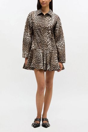 Ganni Brown Leopard Shirt Dress - Size 34 Organic Cotton