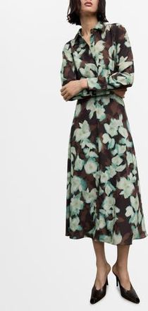 Mango Print Belted Long Sleeve Maxi Shirtdress in Teal And Brown Blooms at Nordstrom Rack, Size 8