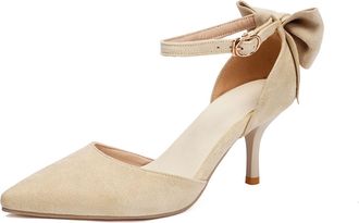 Generic Womens Pointed Toe Faux Suede Bridal Shoes Stiletto High Heel Wedding Dress Shoes Ankle Strap Party Prom Pumps with Bow,Beige,7.5 UK