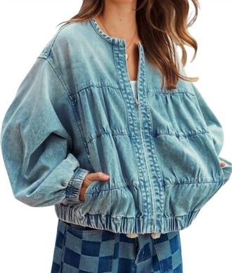 Lovlov Washed Elasticized Oversize Full Zip Bomber Jacket In Denim