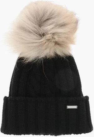 Woolrich Cable Knit Wool Beanie with Fur PomPom size S