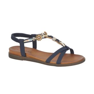 Jo & Joe Ladies Braided T-Strap Design Embellished Trim Elasticated Back Strap Flat Sandals (Navy Flower, UK Footwear Size System, Adult, Women, Numeric, Mediu