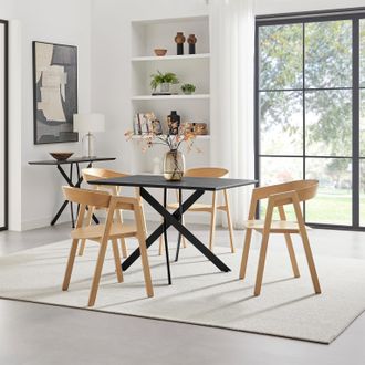 Furniturebox Leonardo Black Top Dining Table & 4 Oak Masa Chairs