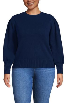 Lands End Plus Size Drifter Puff Sleeve Jacquard Crew Neck Sweater in Deep Sea Navy at Nordstrom, Size 1 X