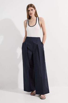 Karen Millen Womens Archive Collection - Tailored Cotton Pintuck Grosgrain Wide Leg Trouser - Navy - Size 6 UK
