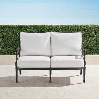 Frontgate Carlisle Loveseat with Cushions in Slate Aluminum - Standard, Rumor Vanilla with Dupione Sand Piping - Frontgate