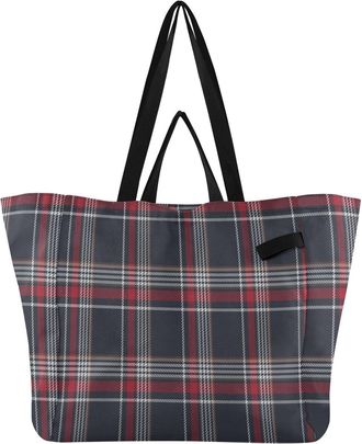 Generic Gray Red Plaid pattern Reusable Canvas Tote Bag, Heavy Duty Grocery Shopping Bag with Large Capacity Hard Bottom Double Handles Work Groceries Travel