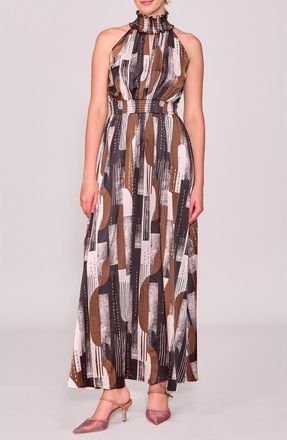 Melloday Abstract Maxi Halter Dress in Brown Multi at Nordstrom Rack, Size X-Large
