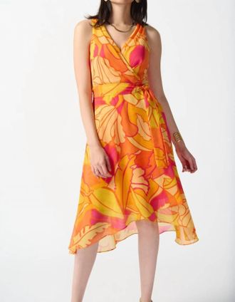 Joseph Ribkoff Tropical Print Fit And Flare Dress In Multi Pink/orange