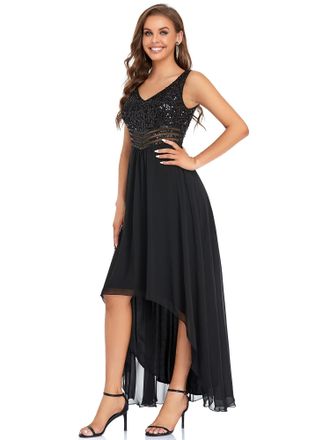 Ever-pretty Womens Hi-Low Elegant Empire Waist V Neck Sleeveless Chiffon and Sequin Wedding Guest Dresses Black 14UK