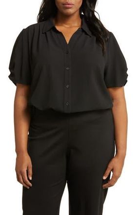 Adrianna Papell Gathered Short Sleeve Button-Up Shirt in Black at Nordstrom Rack, Size 1X