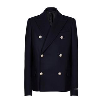 Balmain Blue Wool Blend Double-Breasted Coat