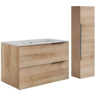 Vente-Unique Mobile bagno sospeso con lavabo da incasso e colonna - Naturale chiaro - 80 cm - NISAYA