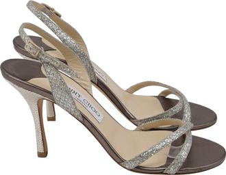 Jimmy Choo London Glitter Slingback Sandals in Silver Leather