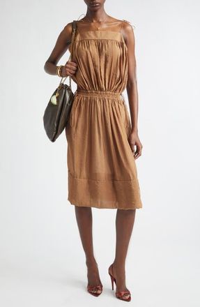 Saint Laurent Shirred Chiffon Satin Dress in Caramel at Nordstrom, Size 10 Us