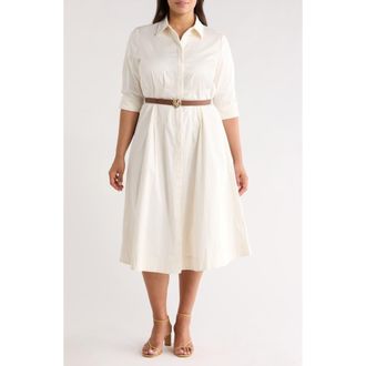 Anne Klein Belted Elbow Sleeve Stretch Cotton Sateen Shirtdress in White Dove at Nordstrom, Size 18W
