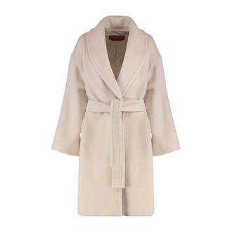 Max Mara Jassen, Dames, Beige, M, Wol, Wollen Blended Mantel met Ceintuur
