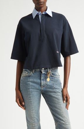 Stella McCartney Crop Piqu&eacute; Polo Shirt in Navy at Nordstrom, Size X-Large