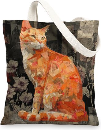 Generic Artistic Cat Canvas Tote Bag, Eco-Friendly Grocery Bags, Colorful Lightweight Shoulder Strap Bags, Orange, 13x15 Inch