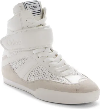 Chlo&eacute; Kick Leather & Mesh High Top Sneaker in Cloudy Cream at Nordstrom, Size 41