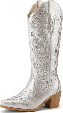 Generic Womens Block High Heel Western Cowboy Boots Pointed Toe PU Leather Long Boots Pull on Knee High Boot with Rhinestone,Silver,4.5 UK