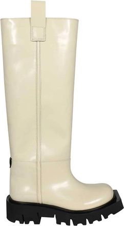 Msgm Kalfsleren Laarzen Ronde Vierkante Neuslijn - Dames - Hoge Laarzen - Beige - 41 EU - Leer - Schoenen