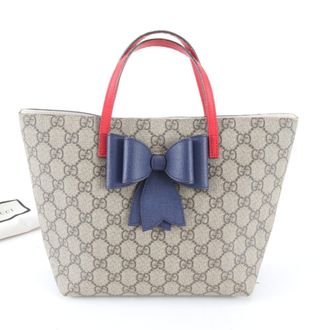 Gucci Beige Navy Red Color Leather Coated Canvas Handbag Tote Bag (Pre-Owned)