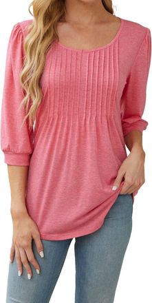 Generic Womens 3/4 Sleeve Shirts Ladies Blouses Summer Puff Sleeve Tops Scoop Neck Pleated Tunic Shirts (UK, Alpha, XXL, Regular, Regular, Pink)