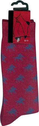 Generic Socks with woven Blue Racing Horses and Jockeys on a burgundy red background. Cotton rich, Fits UK sizes 6-11
