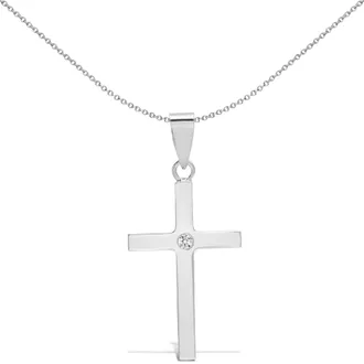 Jewelco London 18ct White Gold 0.03ct Diamond Minimalist Solitaire Cross Pendant in Silver