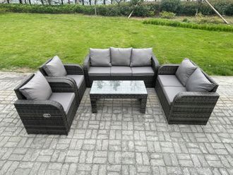 Fimous Patio Garden Furniture Sets Wicker 7 Seater Outdoor Rattan Furniture Sofa Sets with Rectangular Coffee Table Reclining Chair Love seat Sofa