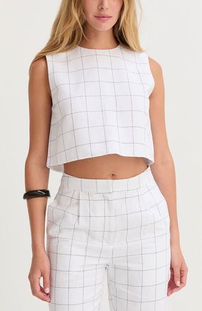 Crescent Windowpane Semi Cropped Linen Top in White at Nordstrom, Size X-Small