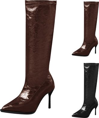 Generic Womens Knee High Boots Wide Fit High Heel Boot Straight Mid Length Calf Shoes Non-Slip Western Pointed Toe Stiletto Boots with Side Zipper Fashion Out
