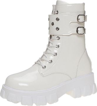 Generic Womens Ankle Boots Waterproof Platform Black Gothic Chunky Heel Round Toe Booties for Women Slip On Combat Boots Wedge with Bat Wing Buckle Strap Lace