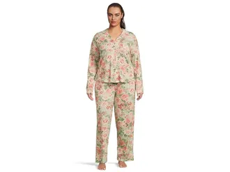 Karen Neuburger Plus Size Vintage Dreams Long Sleeve Notch Top Long Pants Set With Picot Trim Womens Pajama Sets Forest Rose : 1X (Womens 16W-18W)