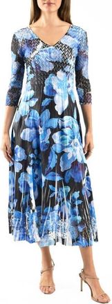 Komarov Lace Sleeve Charmeuse & Chiffon Cocktail Dress in Cyan Blooms at Nordstrom, Size X-Large